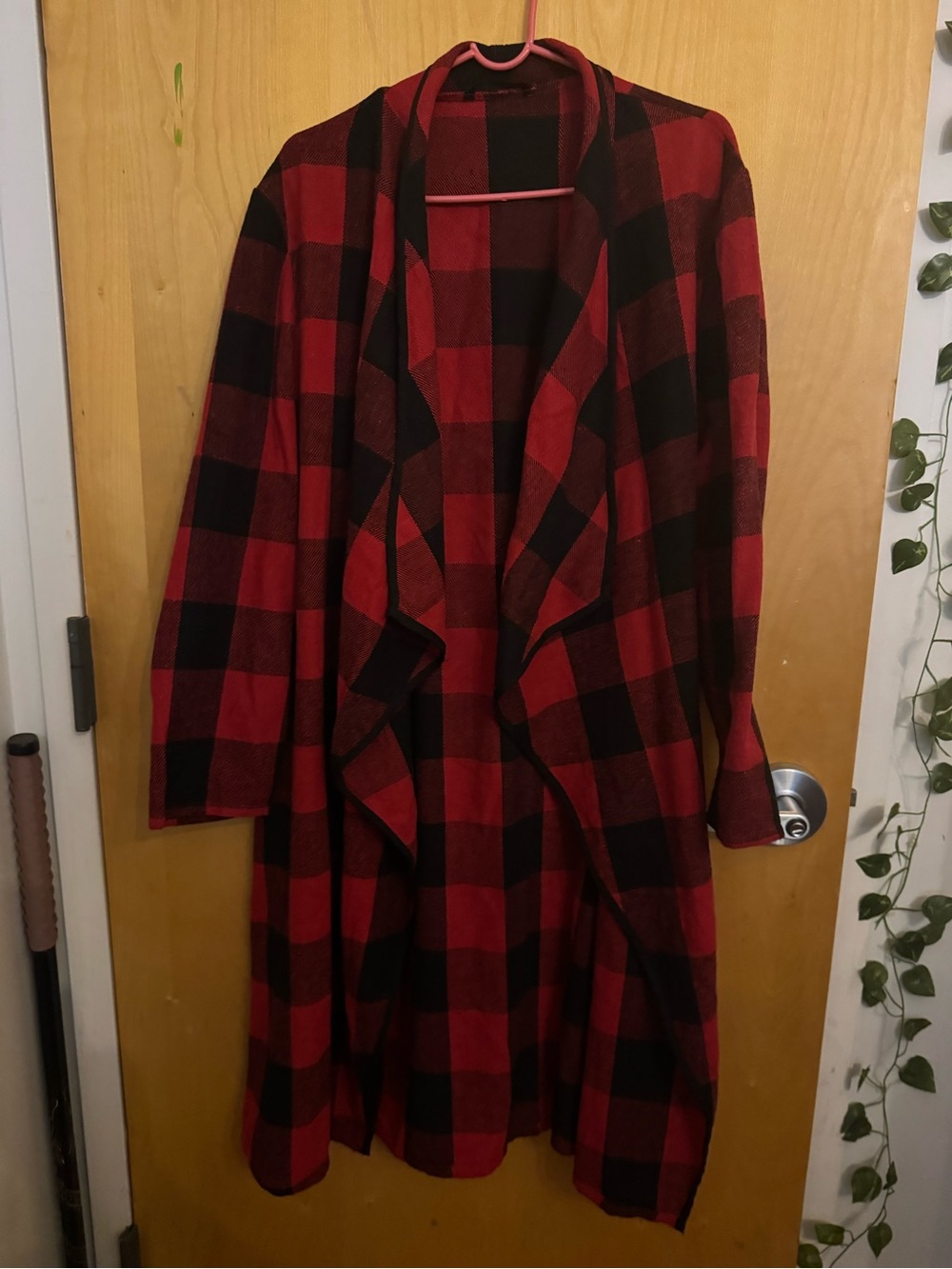 SHEIN Buffalo Plaid Open Front Duster Cardigan Red Black Check Long